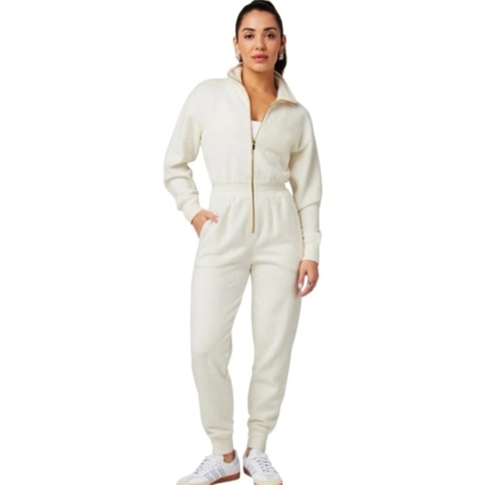 Fabletics Cozy Cord Cream Zip-Up Jumpsuit
